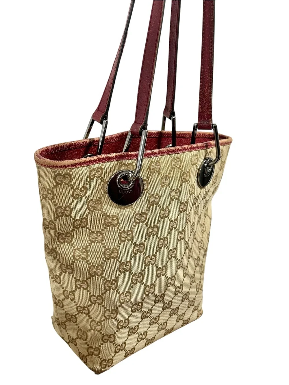 Gucci Eclipse Tan GG Monogram Canvas & Burgundy Red Leather Bucket Tote - Picture 12 of 14
